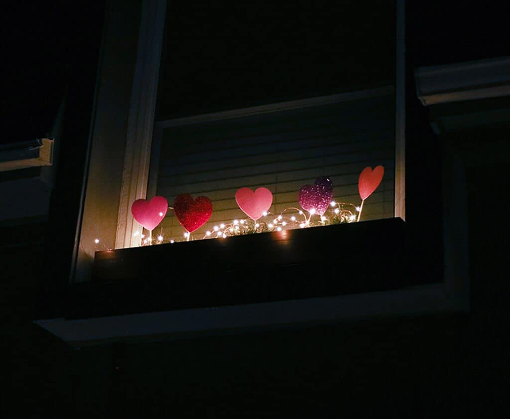 Foam heart picks in window box at night with fairy lights