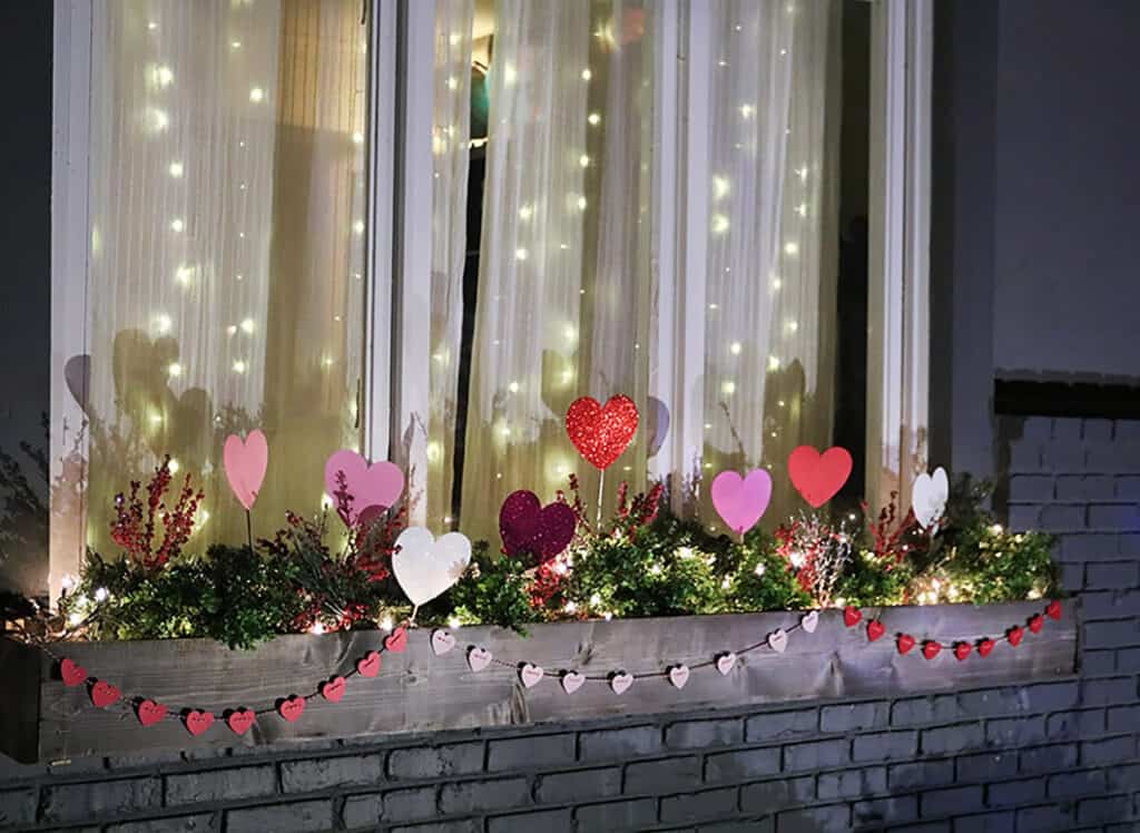 Valentine's Day outdoor decor – 3 easy and affordable ideas for your front porch window boxes, trees, and more. So festive!
