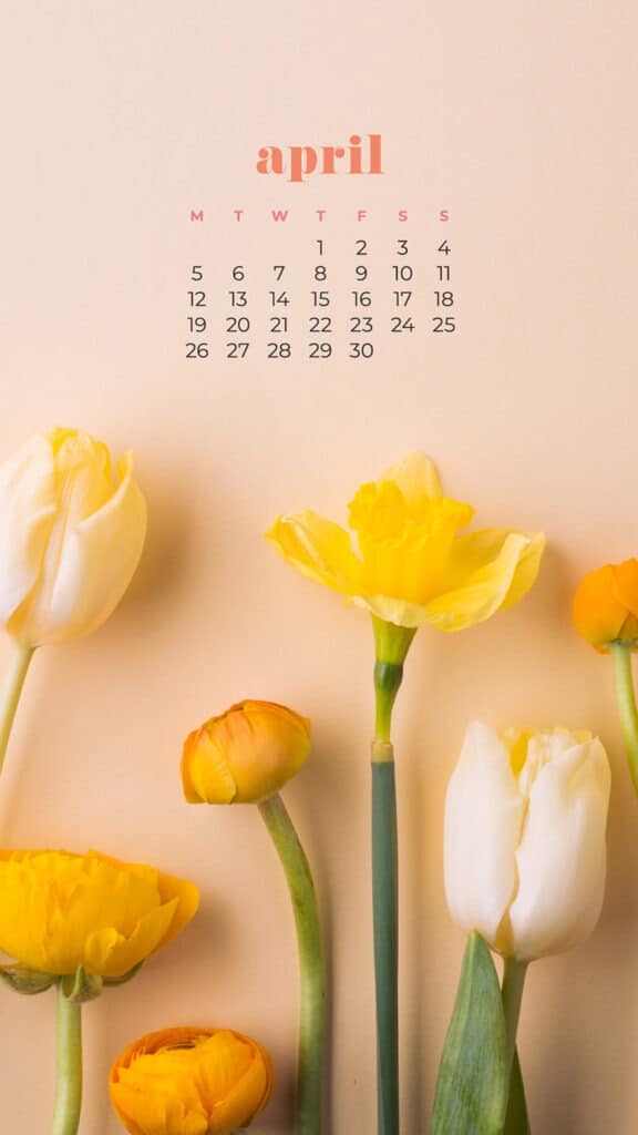 free colorful floral tulips phone wallpaper with April 2021 calendar