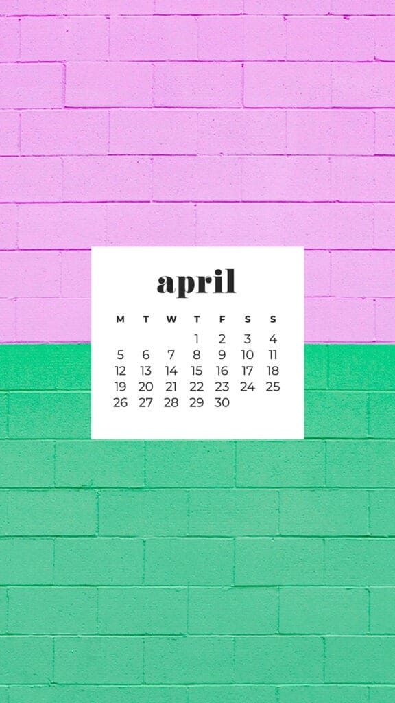 free pink and green brick phone wallpaper with April 2021 calendar