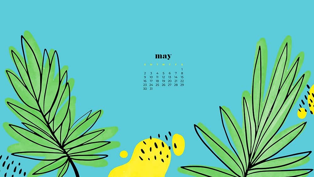 yellow and green modern abstract plant designs on turquoise background 