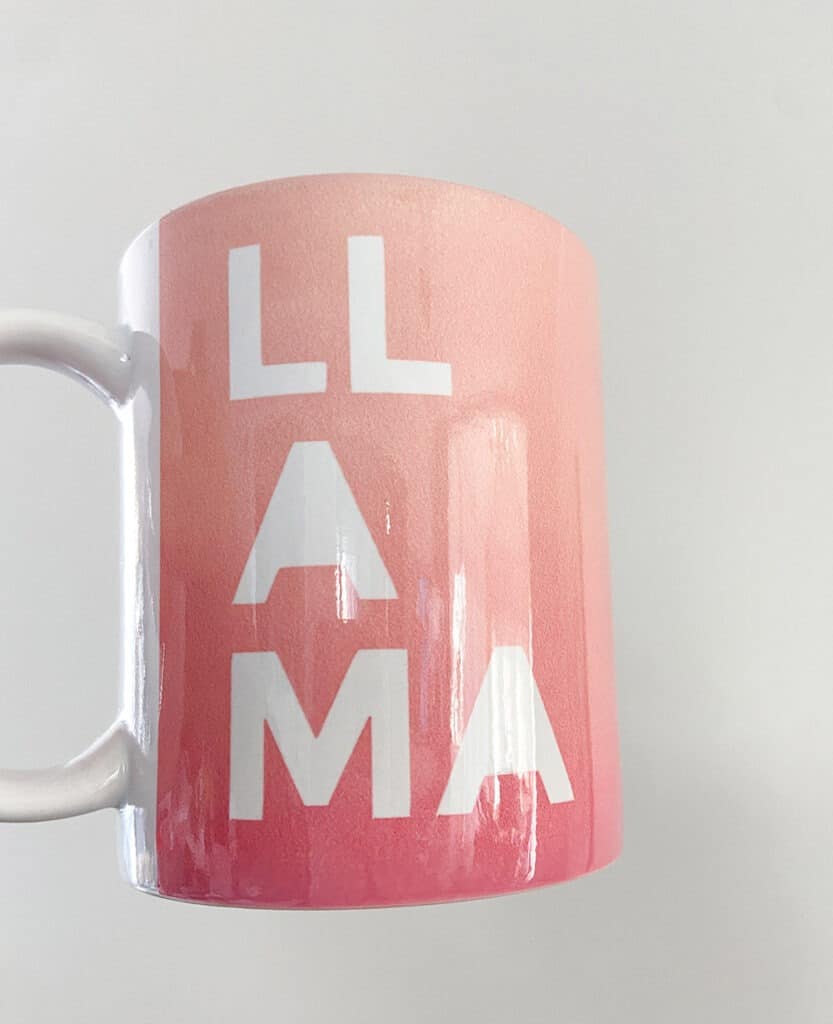 Finished LLAMA mug out of Mug Press gift for a Mother's Day gift basket