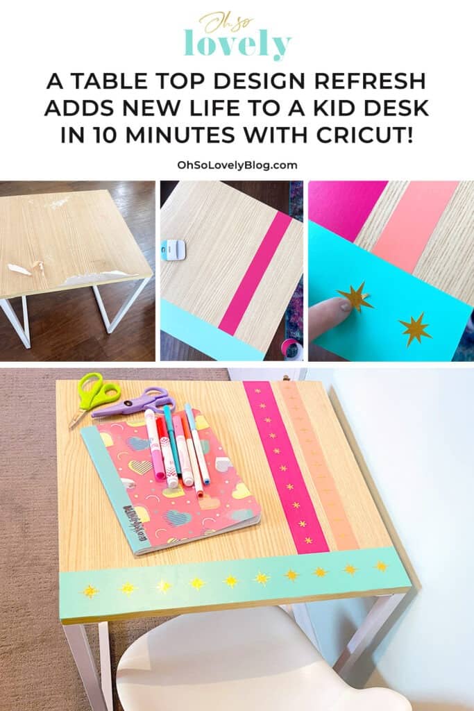 Using my Cricut Joy and some colorful vinyl, a fun and colorful table top design gave new life to our play room desk in just 10 minutes!