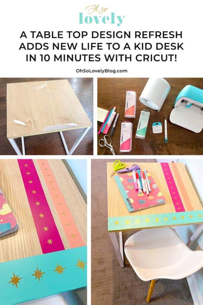 Using my Cricut Joy and some colorful vinyl, a fun and colorful table top design gave new life to our play room desk in just 10 minutes!