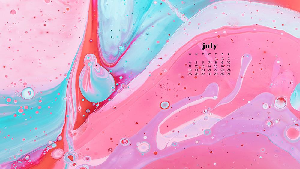 July 2021 wallpaper calendar pink and turquoise paint swirls