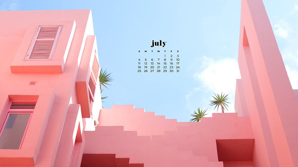 July 2021 wallpaper calendar pink architecture with palm trees