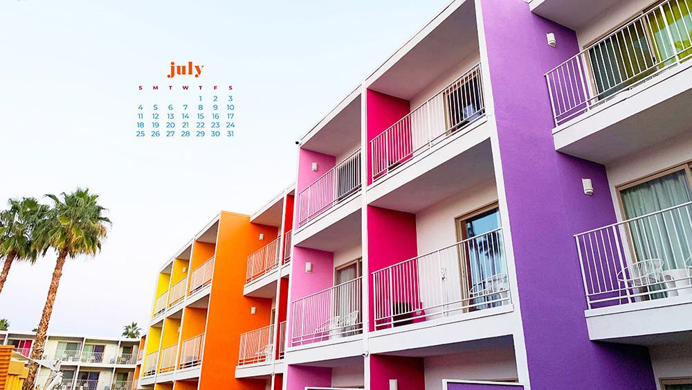 July 2021 wallpaper calendar rainbow colorful saguaro hotel palm springs