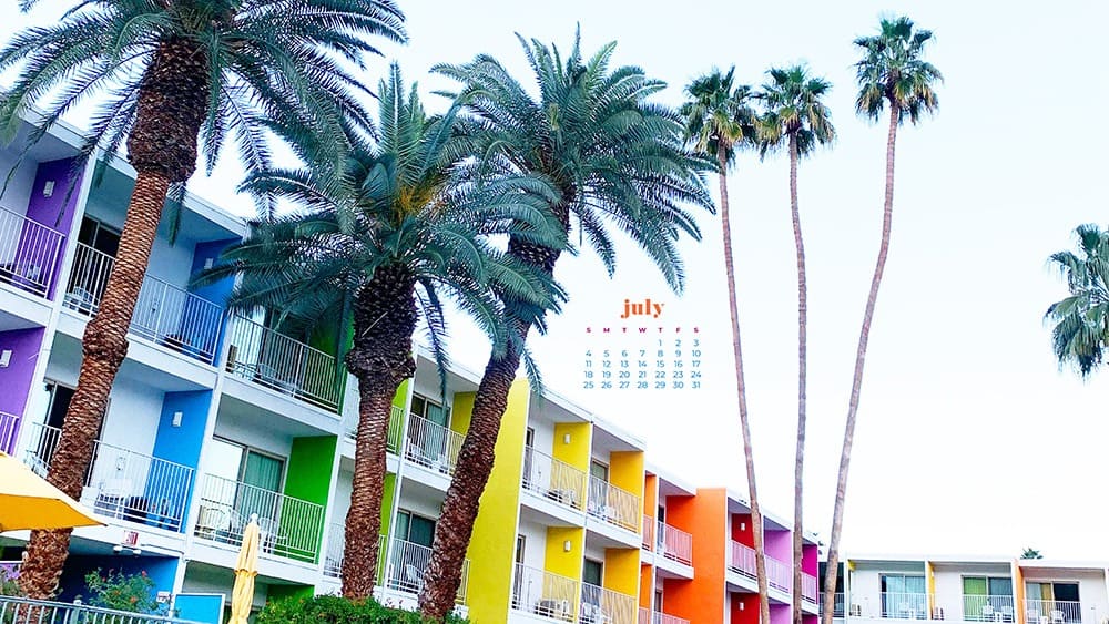 July 2021 wallpaper calendar rainbow colorful saguaro hotel palm springs