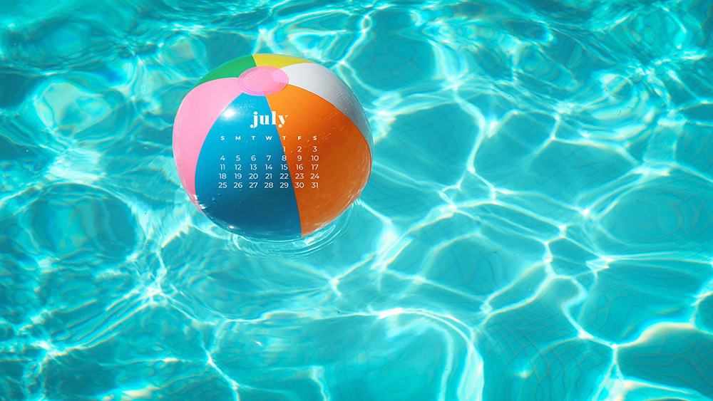 July 2021 wallpaper calendar ccolorful beach ball and pool water