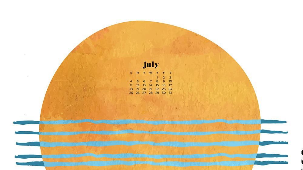 July 2021 wallpaper calendar colorful abstract modern overlapping shapes sun and ocean