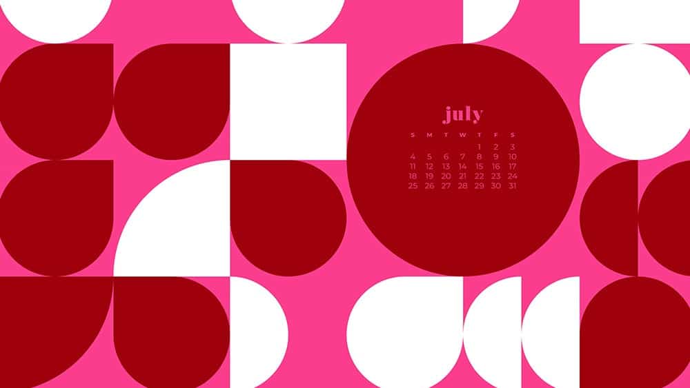 July 2021 wallpaper calendar red and pink abstract modern shapes in pattern