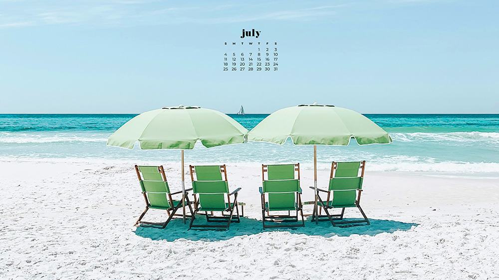 July 2021 wallpaper calendar ocean beach and green chair and umbrellas