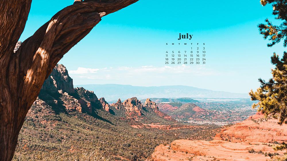 July 2021 wallpaper calendar Sedona, Arizona red rocks and trees