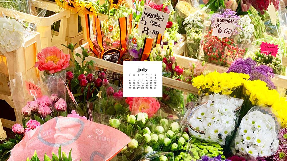 July 2021 wallpaper calendar flowers in a london shopping market