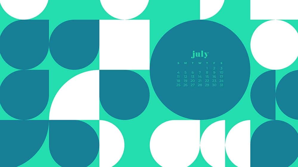 July 2021 wallpaper calendar turquoise and green abstract modern shapes in pattern