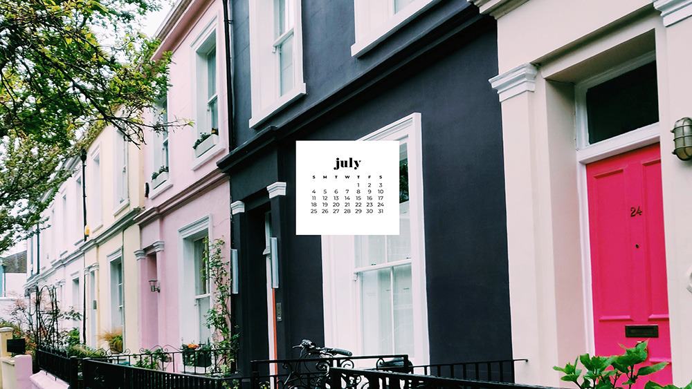 July 2021 wallpaper calendar pink, hot pink, and black homes in London Notting Hill