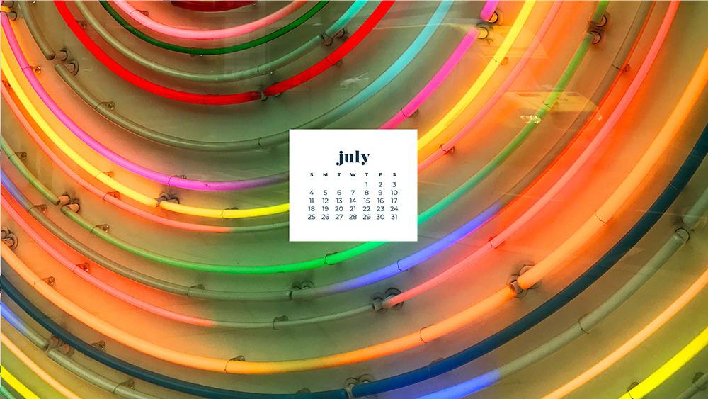 July 2021 wallpaper calendar colorful neon lights in London