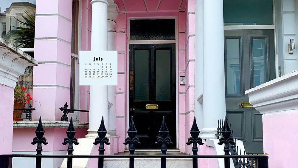 July 2021 wallpaper calendar pink, and white homes in London Notting Hill