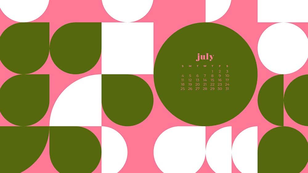 July 2021 wallpaper calendar pink and green abstract modern shapes in pattern