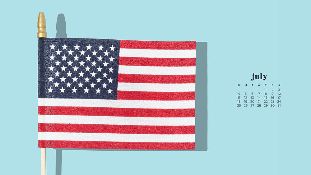 July 2021 wallpaper calendar turquoise background with american flag 