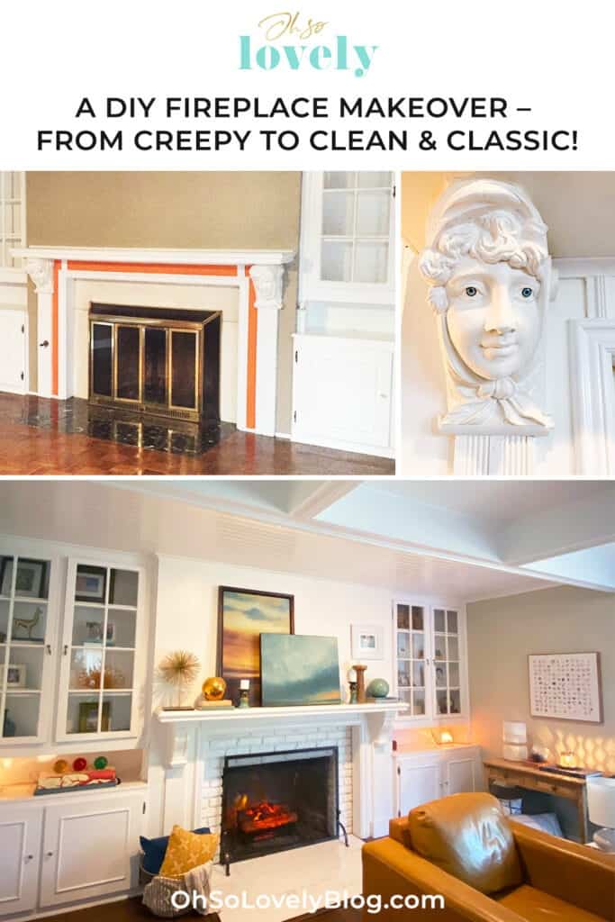 A step-by-step DIY fireplace makeover tutorial – See how it went from extra creepy to clean and classic on a very small budget! 