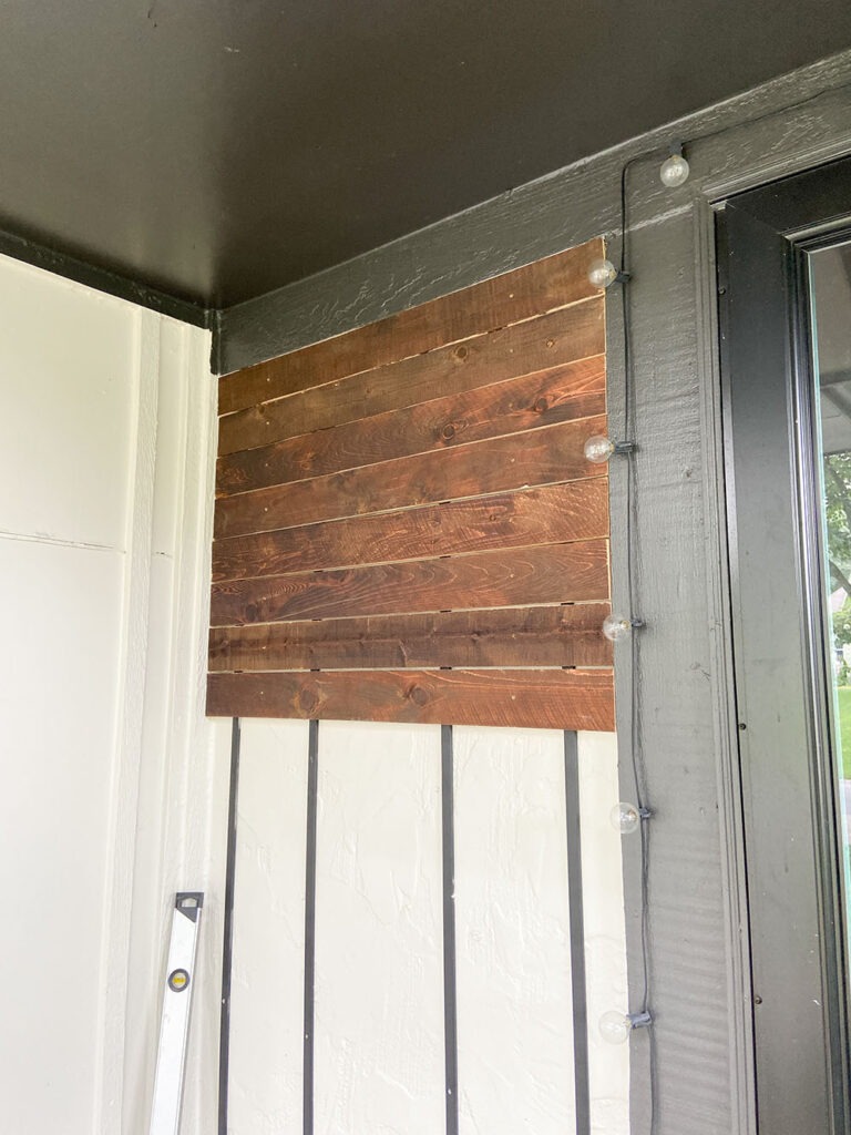 adding modern wood slat wall to porch - making progress!