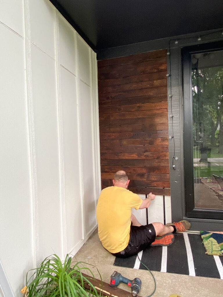 adding modern wood slat wall to porch