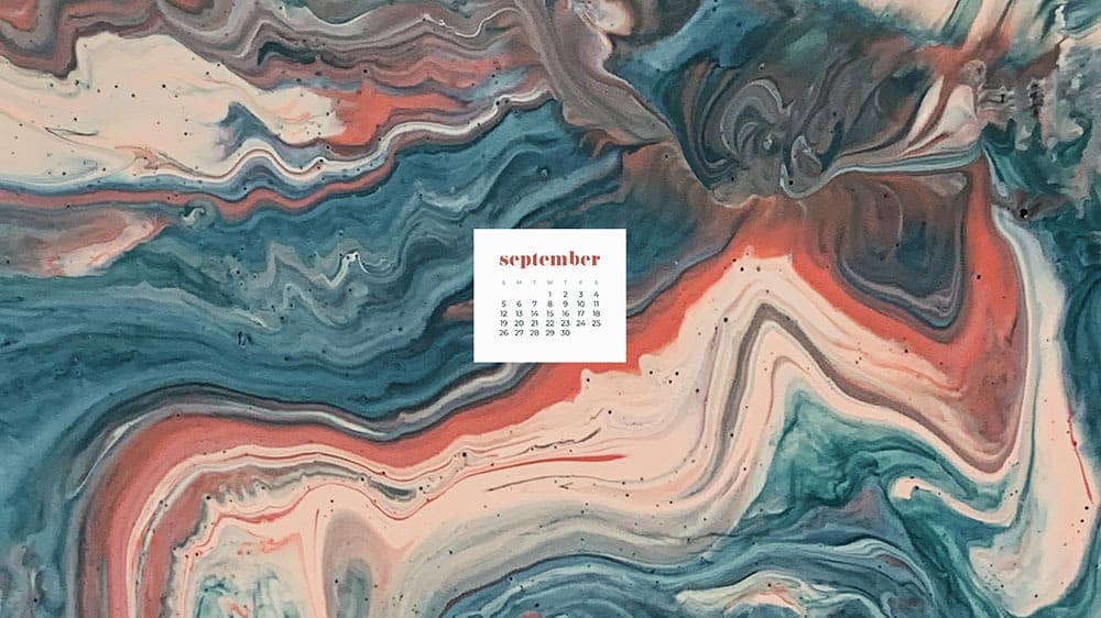 turquoise, burnt orange, and cream swirled paint September 2021 - FREE wallpaper calendars in Sunday and Monday starts + no-calendar options. 35 designs for both desktop and smart phones!