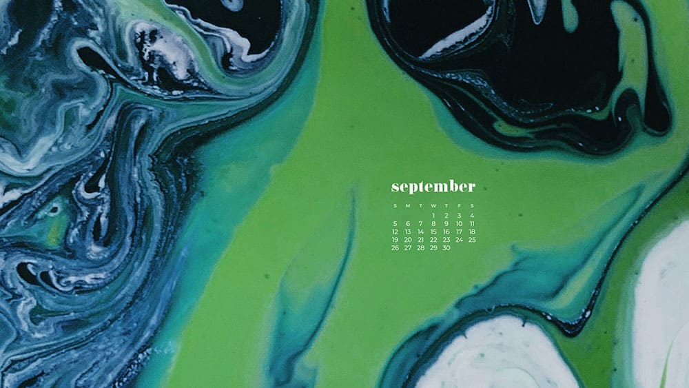 turquoise, white, black, and green paint swirls FREE wallpaper calendars in Sunday and Monday starts + no-calendar options. 35 designs for both desktop and smart phones!
