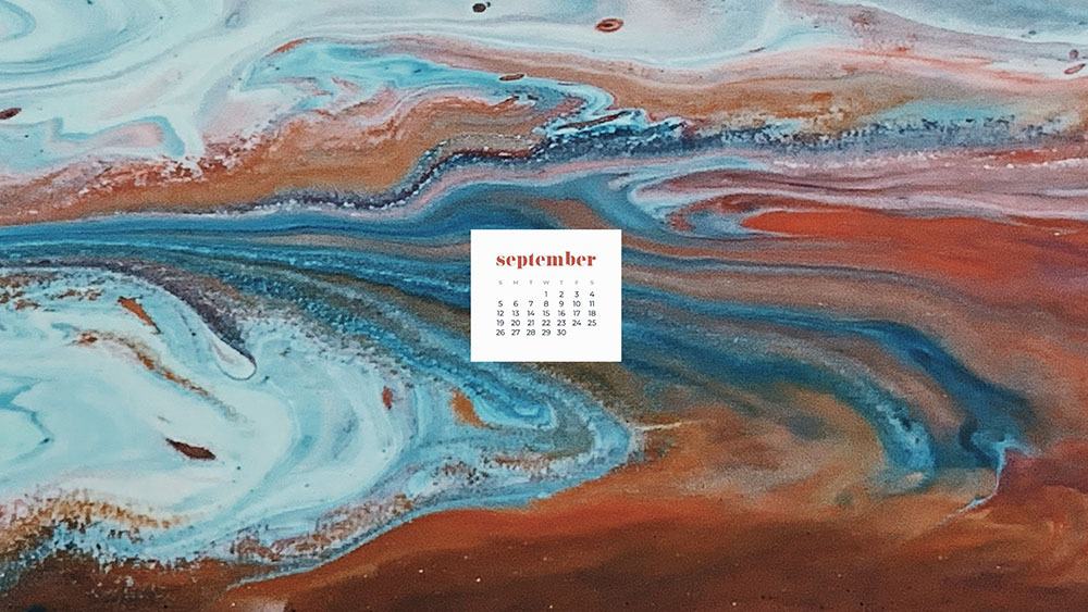 turquoise, burnt orange, and cream swirled paint option 2 FREE wallpaper calendars in Sunday and Monday starts + no-calendar options. 35 designs for both desktop and smart phones!