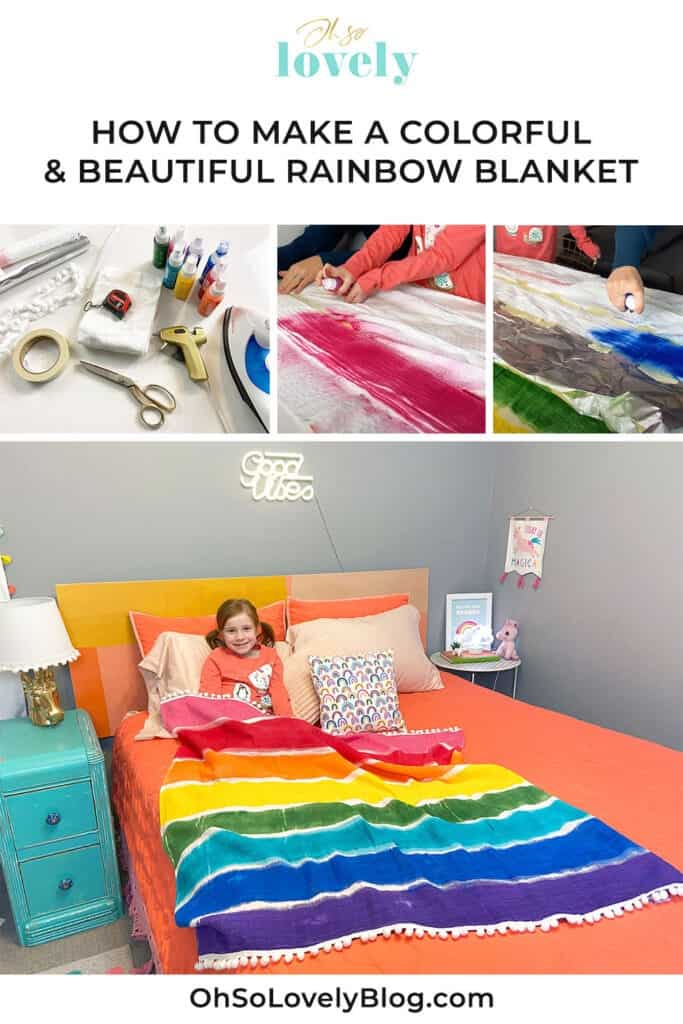 Rainbow blanket tutorial – Learn just how easy it is to make this cute and colorful decorative throw with festive pom pons.