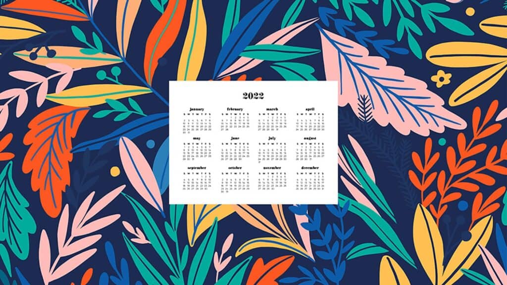 navy, orange, blue, pink floral illustrated pattern with free 2022 wallpapers full-year calendar for your desktop 