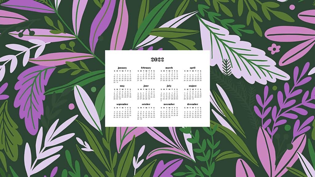 purple and green floral illustrated pattern with free 2022 wallpapers full-year calendar for your desktop 