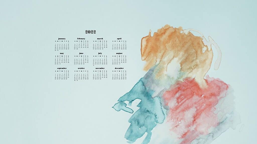 turquoise, rust, orange watercolor with 2022 full-year calendar for your desktop