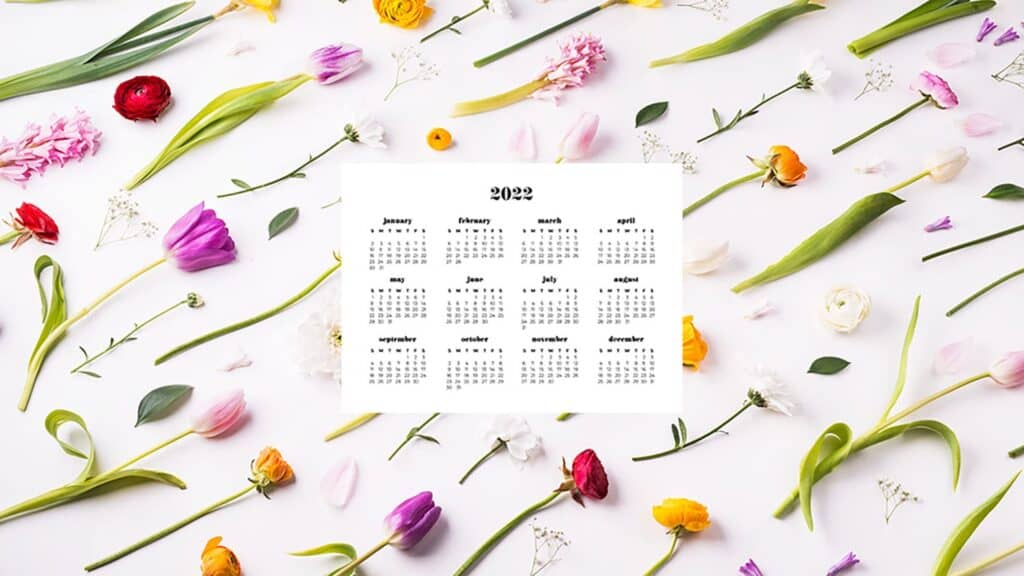 flay lay of fresh flowers in diagonal pattern with free 2022 wallpapers full-year calendar for your desktop 