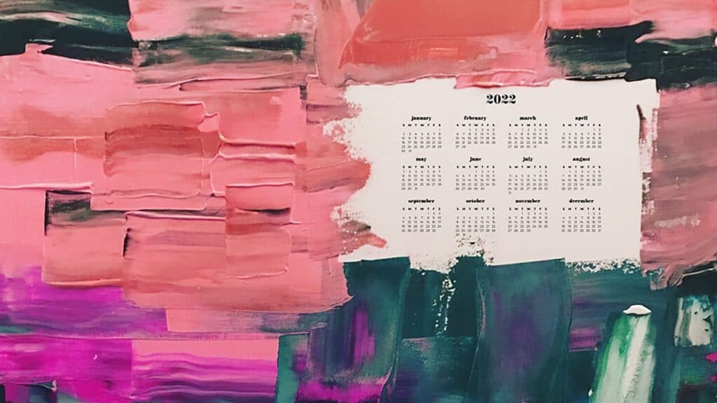 pink, coral, emerald green paintting with 2022 full-year calendar for your desktop 