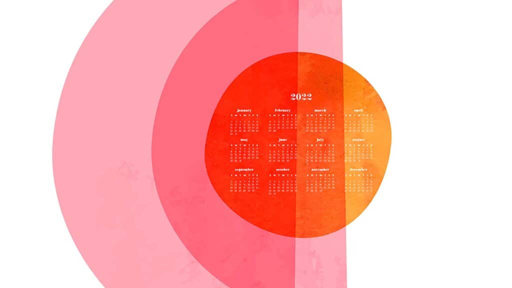 modern abstract geometric design in red, pink, orange layers with 2022 full-year calendar for your desktop 