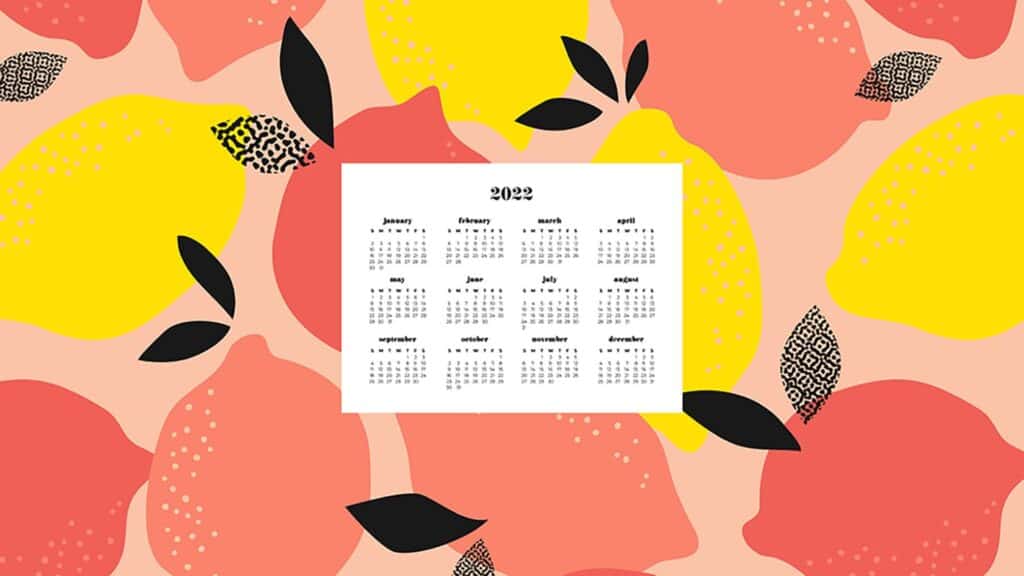 pink, coral, yellow, black lemon pattern with 2022 full-year calendar for your desktop