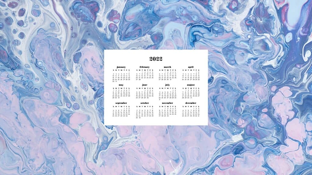 pink and purple swirled paint with 2022 full-year calendar