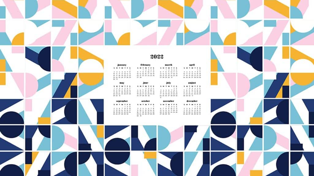 abstract retro modern colorful shapes pattern with free 2022 wallpapers full-year calendar for your desktop 