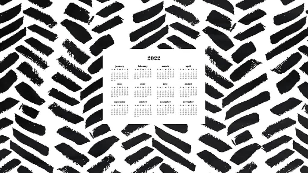 black and white swoosh pattern with 2022 full-year calendar for your desktop 