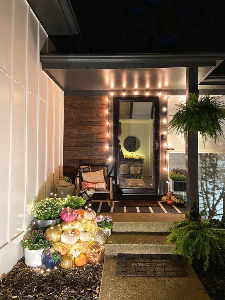 fall front porch at night