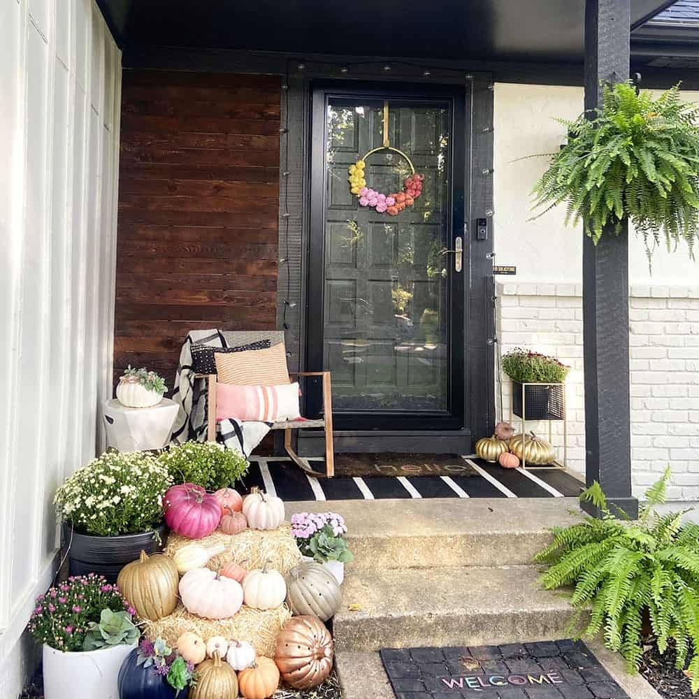 Fall front porch and window box decor tips – Join me on a colorful, fun, and festive tour full of faux pumpkins and fairy lights!