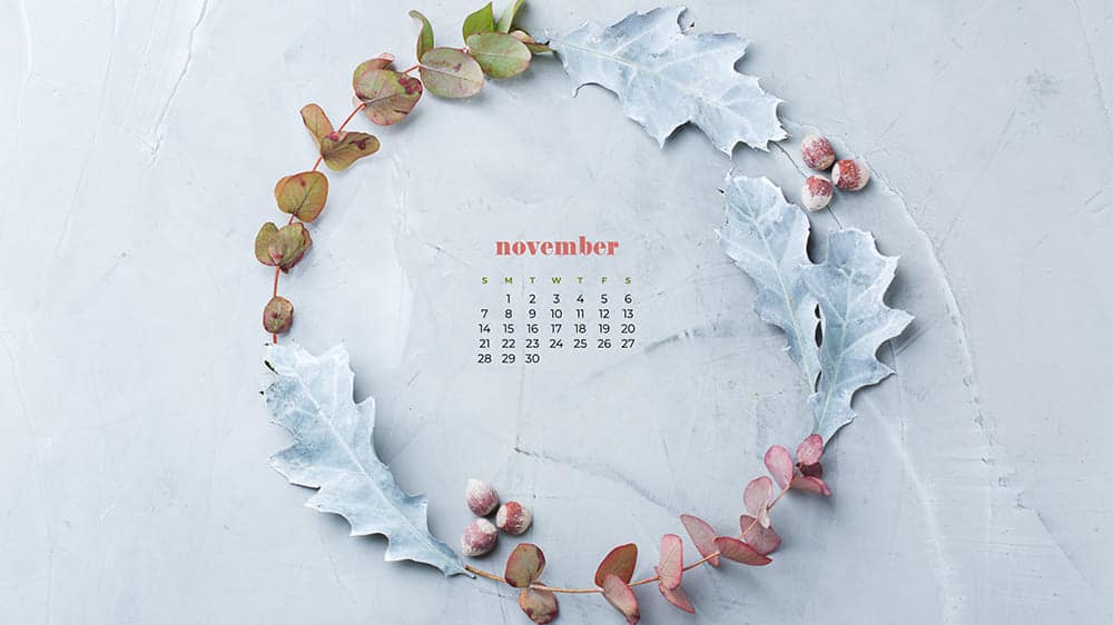 Laurel using fall leaves and nuts with calendar on inside November 2021 - FREE wallpaper calendars in Sunday & Monday starts + no-calendar designs. 35 options for both desktop and smart phones!