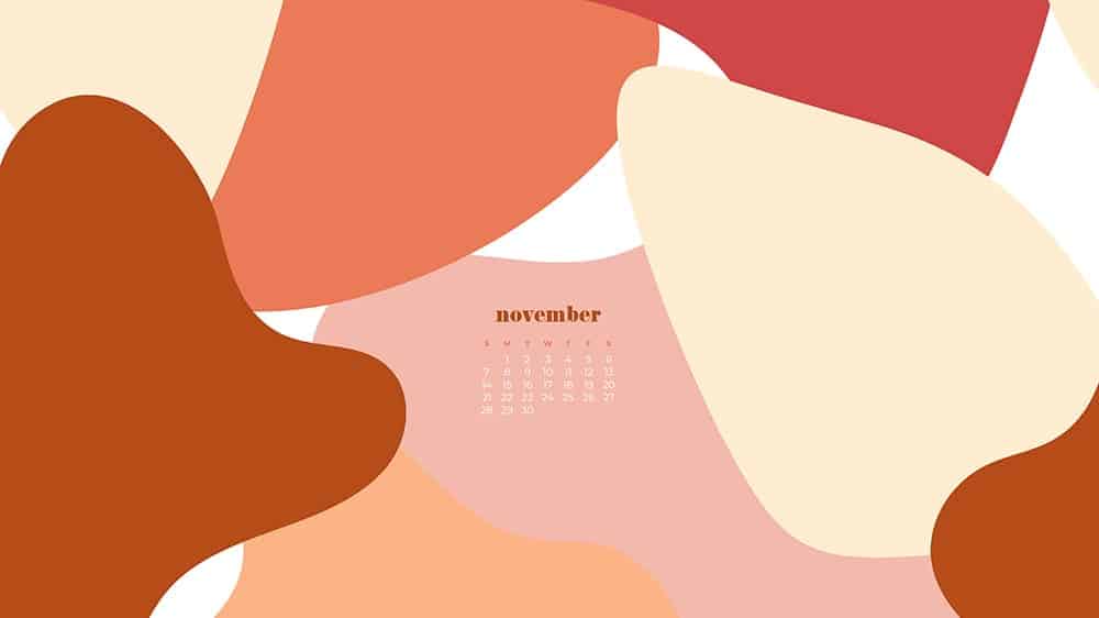 abstract colorful shapes design in fall colors November 2021 - FREE wallpaper calendars in Sunday & Monday starts + no-calendar designs. 35 options for both desktop and smart phones!