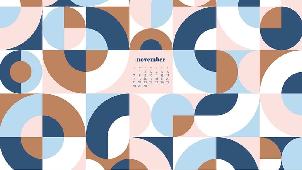 modern retro geometric pattern in blues, golds, pinks with a calendar November - FREE wallpaper calendars in Sunday & Monday starts + no-calendar designs. 35 options for both desktop and smart phones!