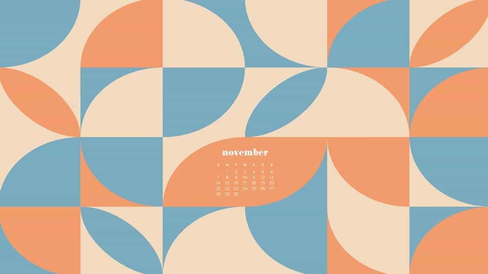 modern retro geometric pattern in blue, cream, coral with a calendar November - FREE wallpaper calendars in Sunday & Monday starts + no-calendar designs. 35 options for both desktop and smart phones!