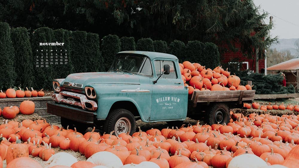 vintage turquoise truck with tons of pumpkins November - FREE wallpaper calendars in Sunday & Monday starts + no-calendar designs. 35 options for both desktop and smart phones!