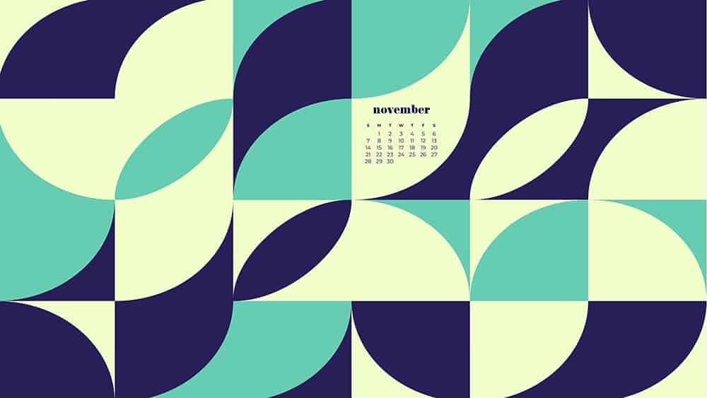 modern retro geometric pattern in blues, greens, lime with a calendar November - FREE wallpaper calendars in Sunday & Monday starts + no-calendar designs. 35 options for both desktop and smart phones!