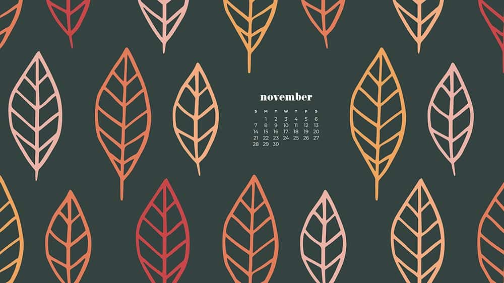 Colorful illustrated eaves on gray background November - FREE wallpaper calendars in Sunday & Monday starts + no-calendar designs. 35 options for both desktop and smart phones!